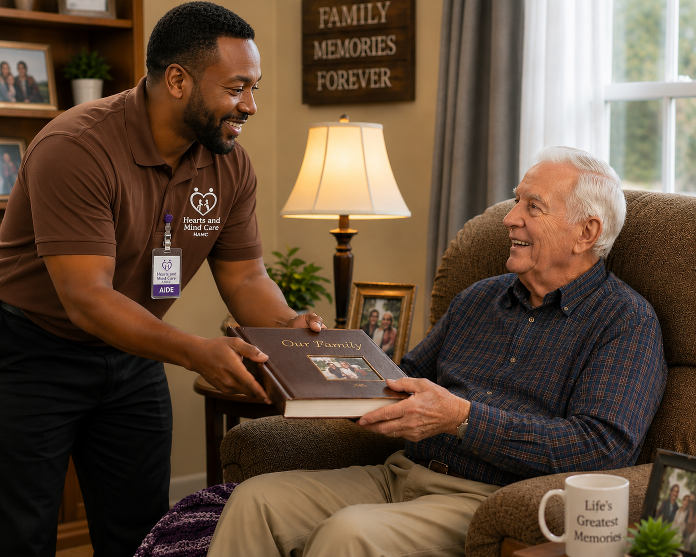 A Hearts and Mind Care aide and an elderly gentleman sharing a treasured family photo album.