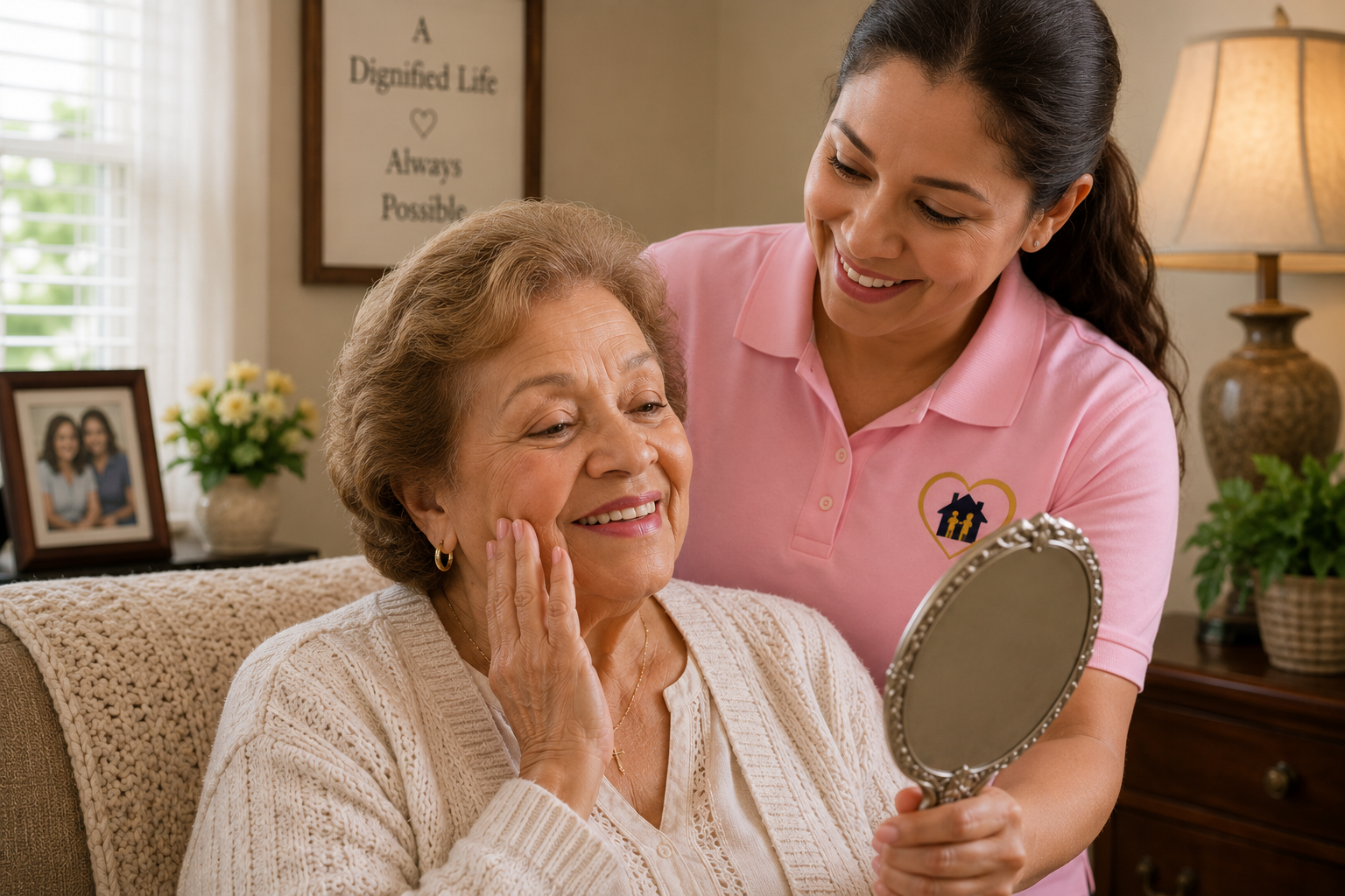 An HAMC aide holding a mirror for a smiling older woman