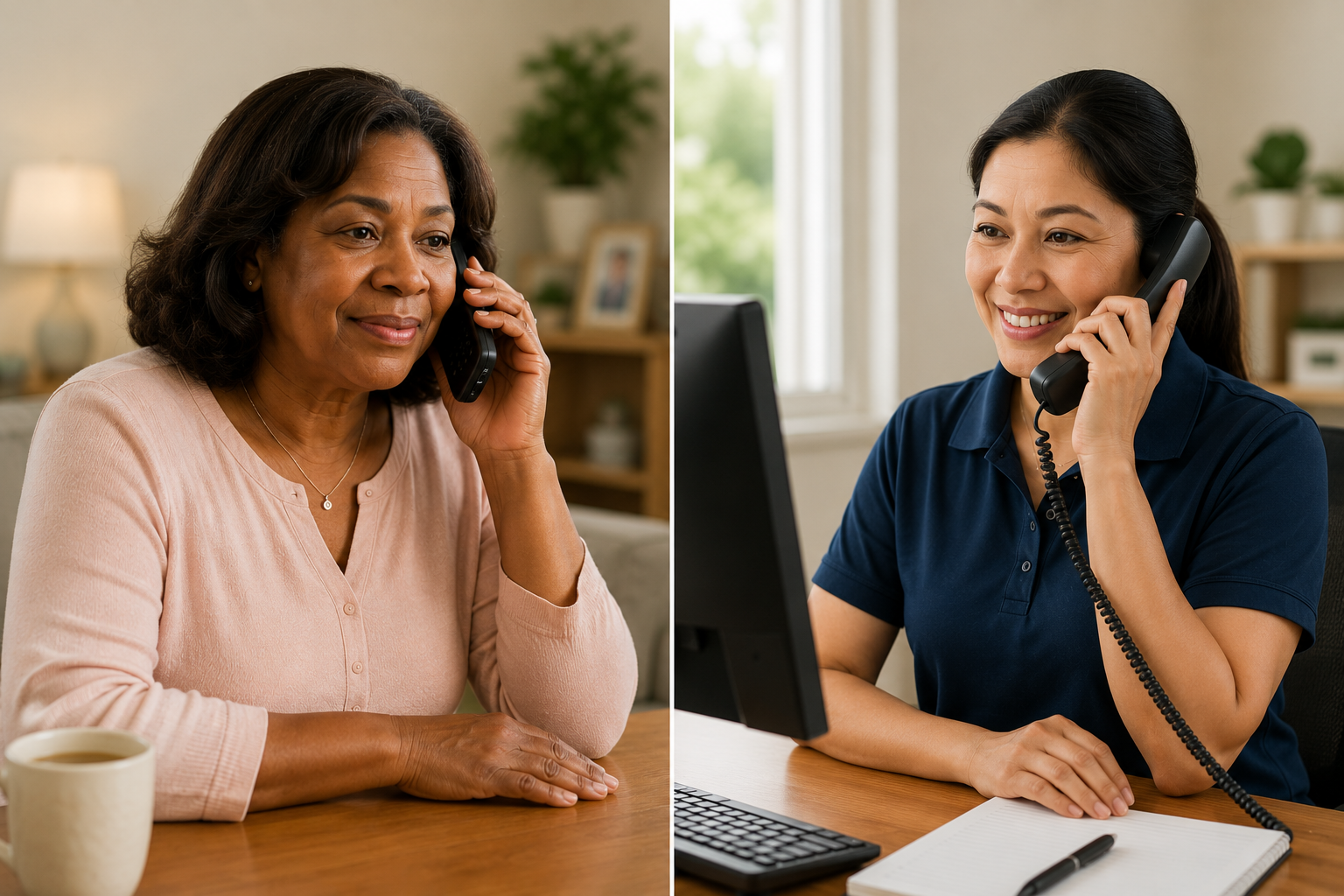A family member speaks by telephone with a Hearts and Mind Care consultant about care options.