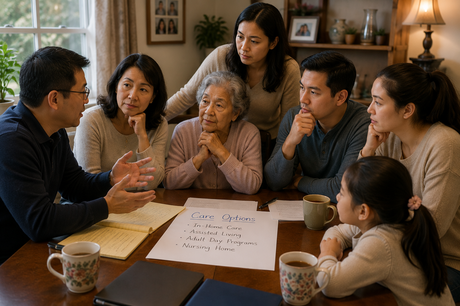 A family discusses care options
                for its elderly matriarch at home.