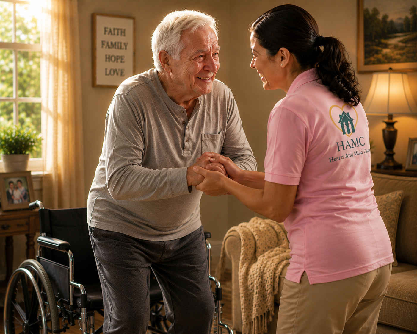 An elderly man stands beside his wheelchair
              while a HAMC aide in a branded pink shirt
              holds his hands with encouragement.