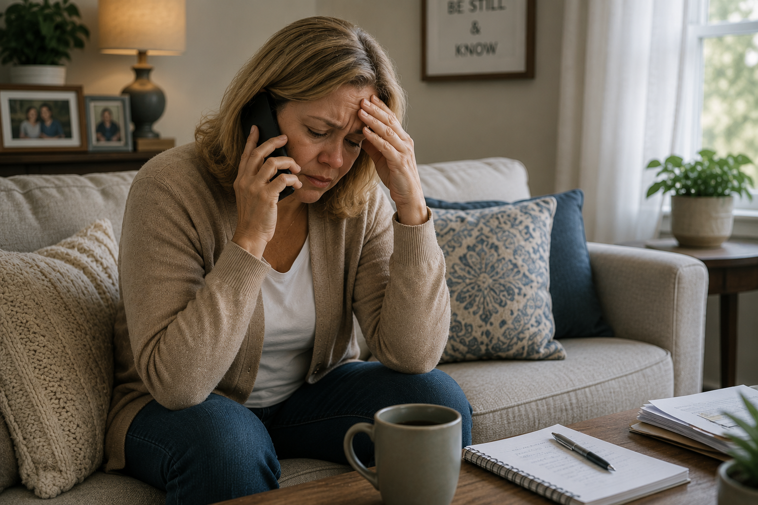 A family caregiver listening carefully during a telephone conversation