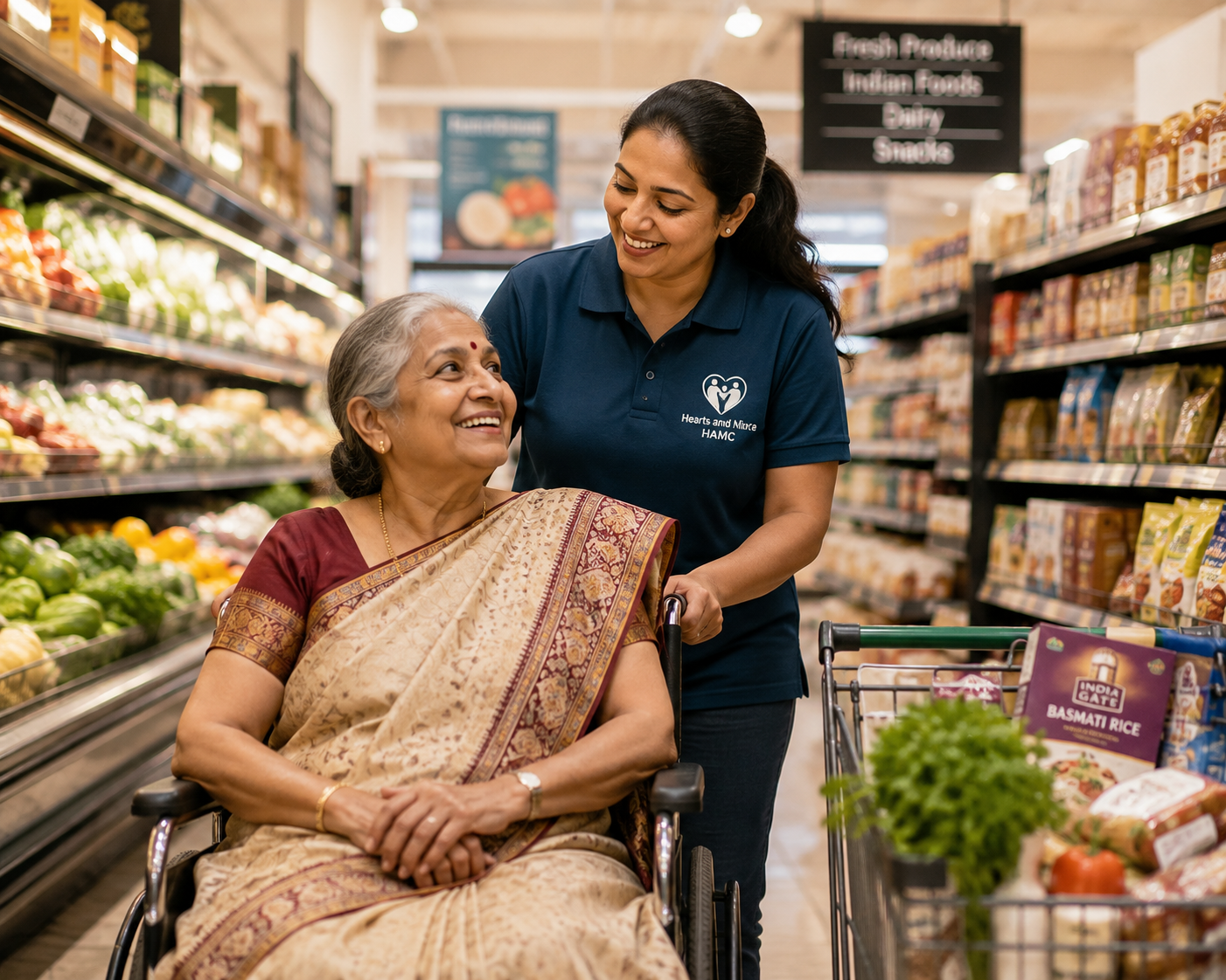 An elderly Indian American woman in a sari enjoying a grocery outing with a Hearts and Mind Care aide.