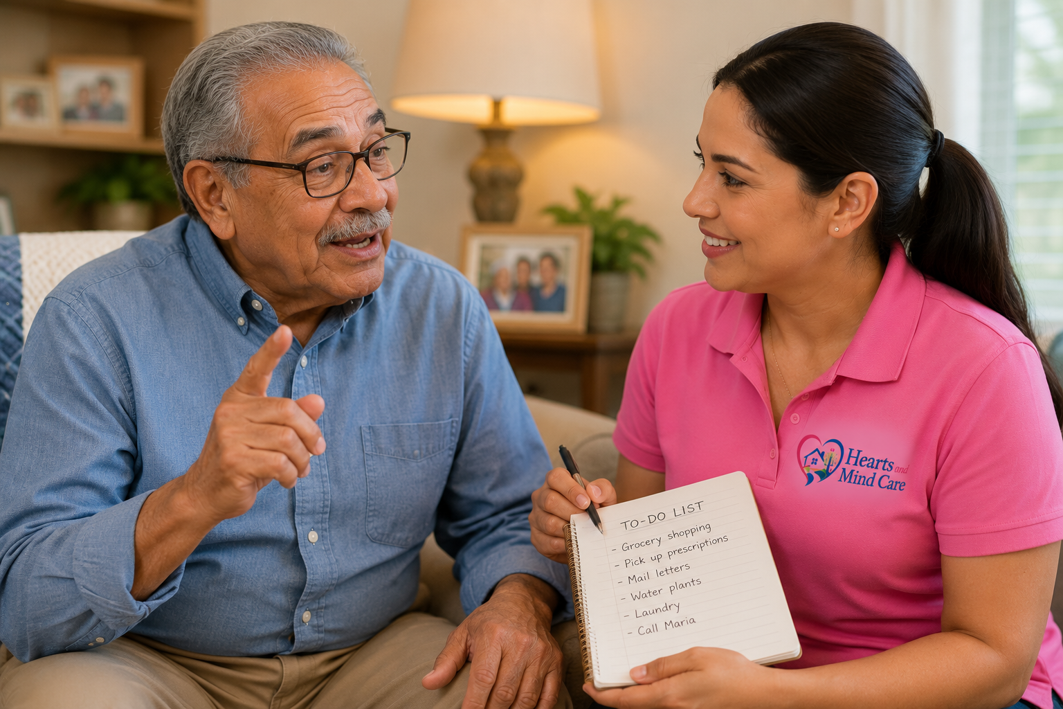 An elderly Hispanic man dictates
                a to-do list to a
                Hearts and Mind Care aide.