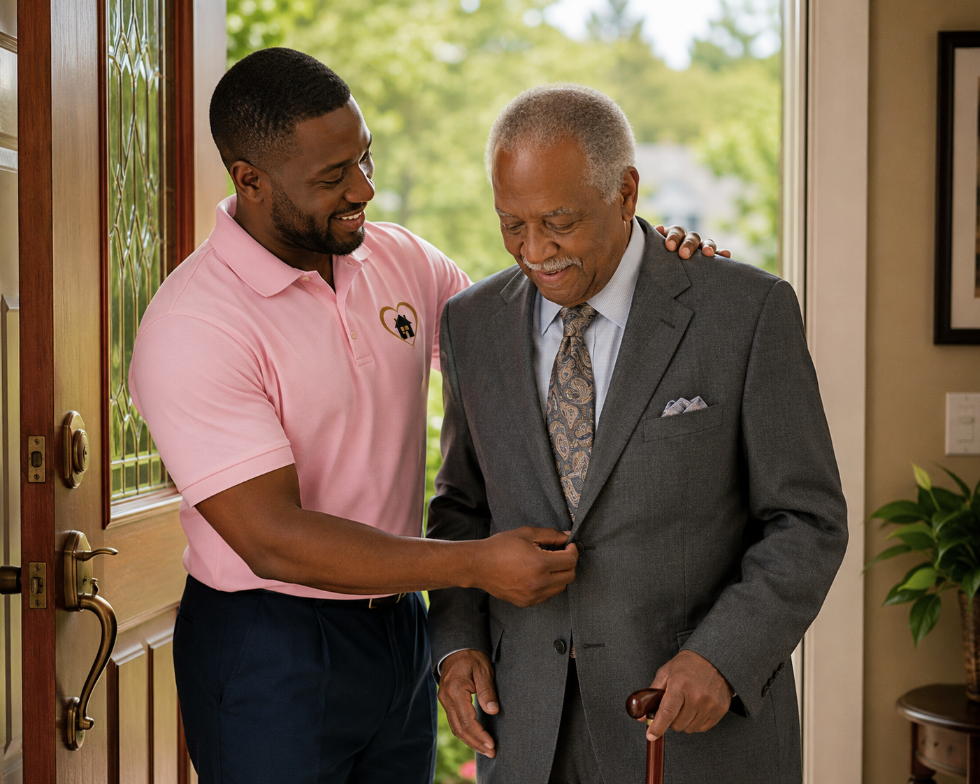 A home-care aide gently helping an older gentleman dress for an outing