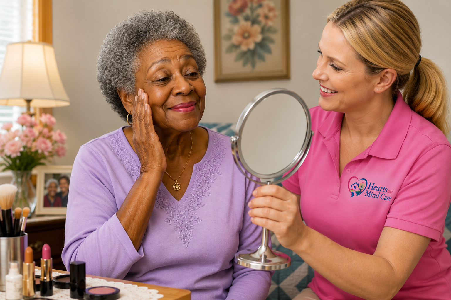 An elderly African American woman admires
                her makeup in a mirror held by a
                Hearts and Mind Care aide.