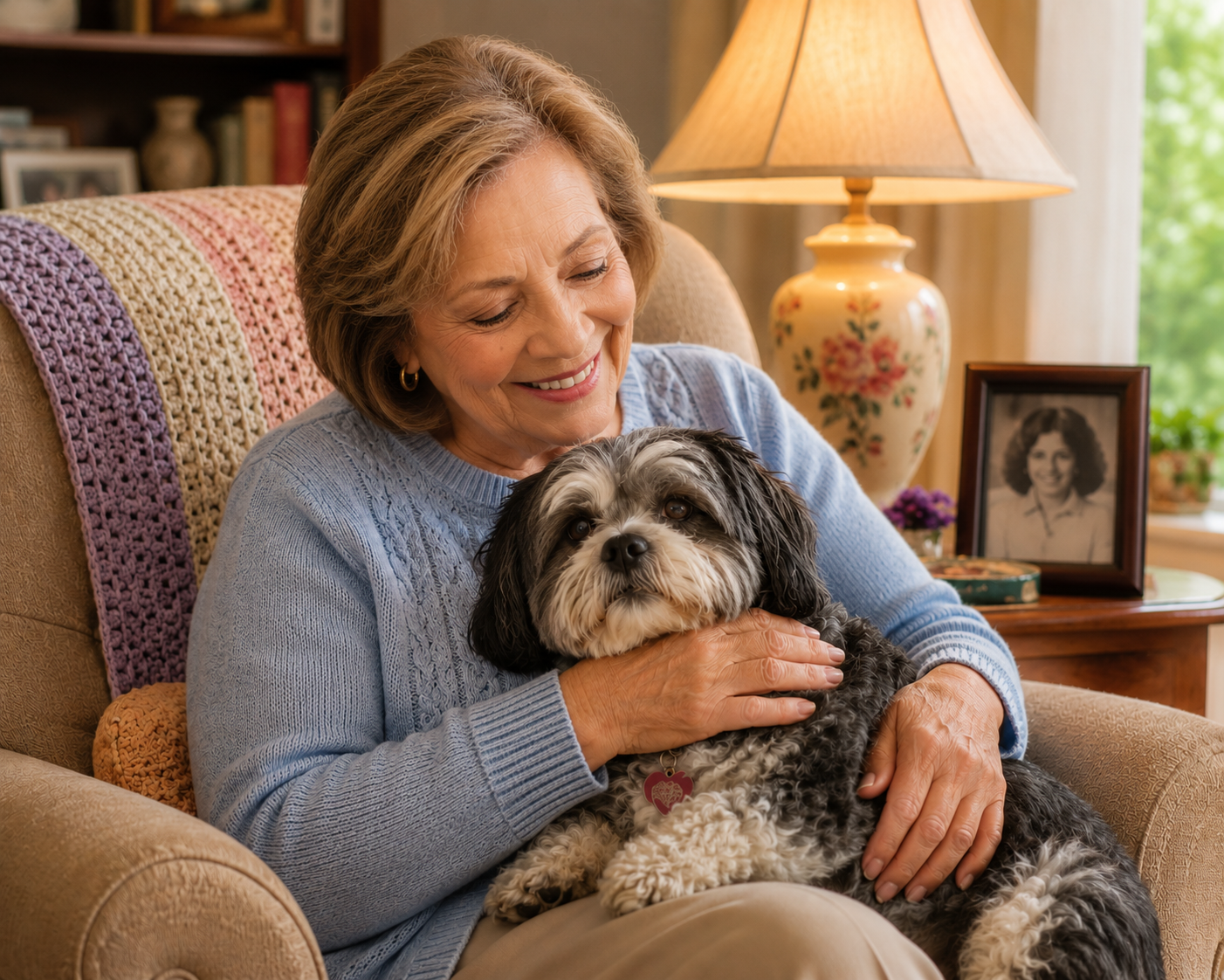 An older woman enjoying the faithful companionship of her dog