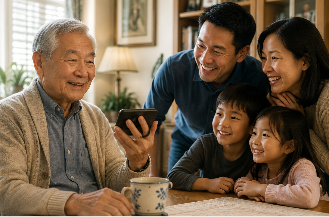 A happy elderly Asian man speaks
                  with his relieved children and grandchildren
                  as the family listens together by speakerphone.